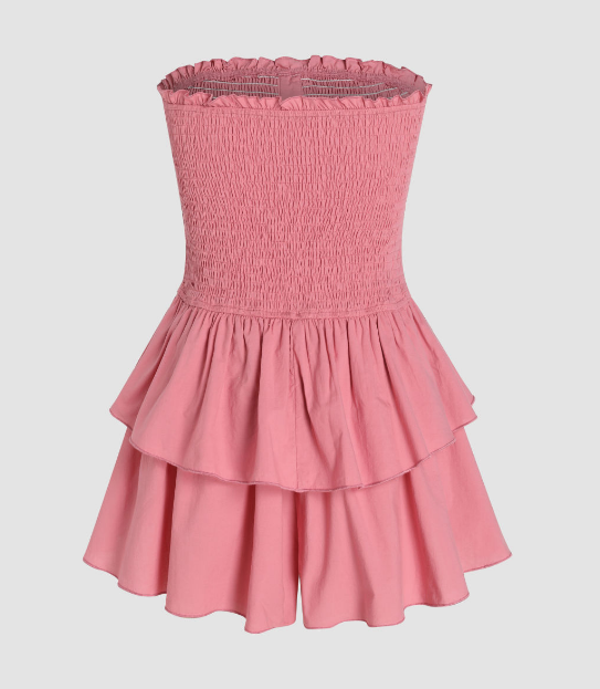 Shirred Bow Ruffle Tiered Tube Romper